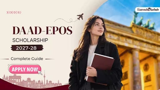 DAAD EPOS Scholarship 2027-28 complete application guide banner featuring Brandenburg Gate Germany and EuroScholarHub logo